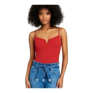 Bebe Bodysui Women Sz M Red Gold Sleeveless Cut Out Chest Lightweight